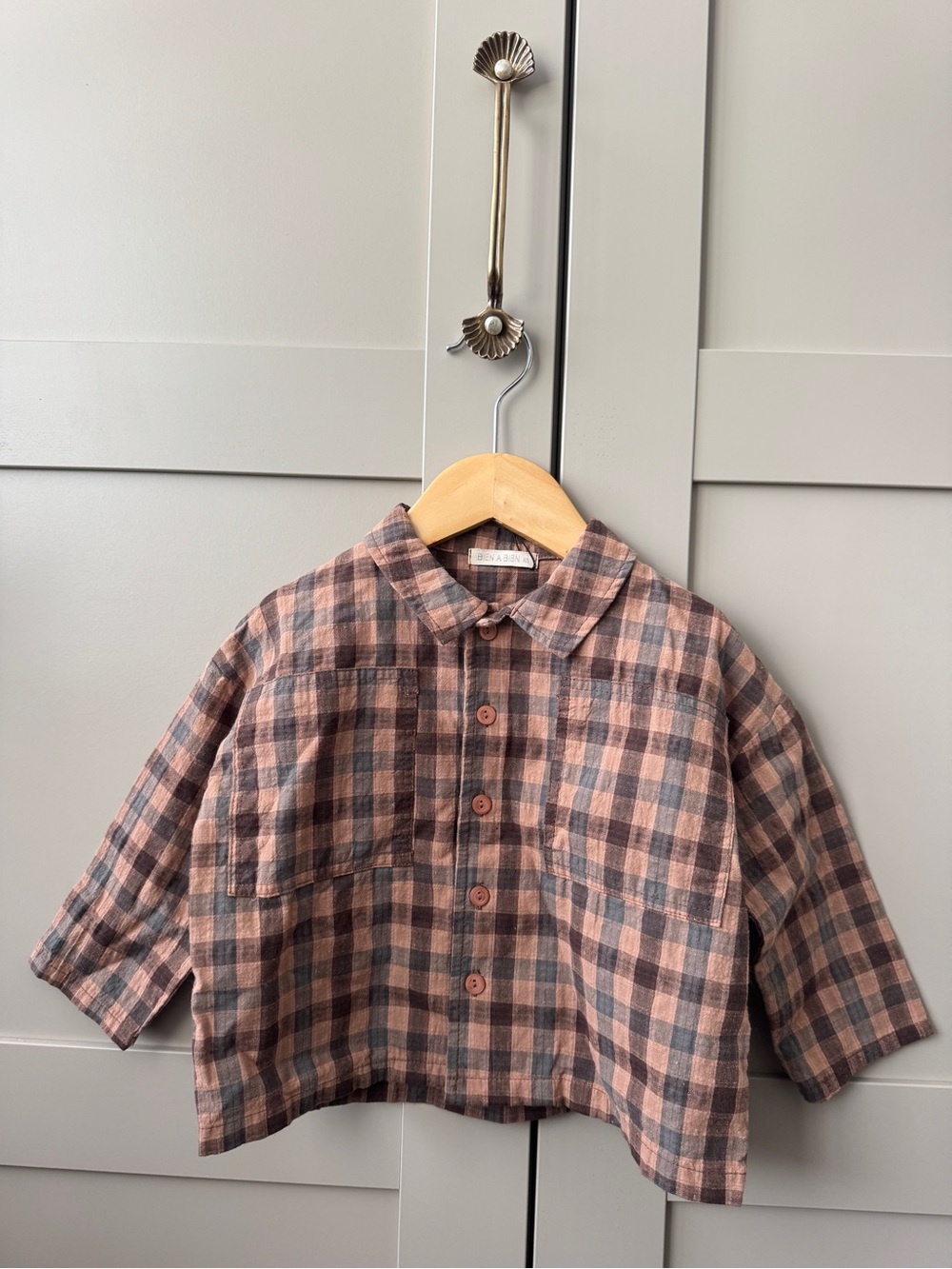 Bien a Bien 1-2Y Boys Boxy Calver Check Shirt Brown Taupe Korean Brand